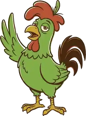 A green cartoon rooster with one wing raised, crowing far too late in the day